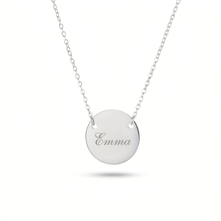 Collier médaillon rond gravé Emma en acier inoxydable argenté
