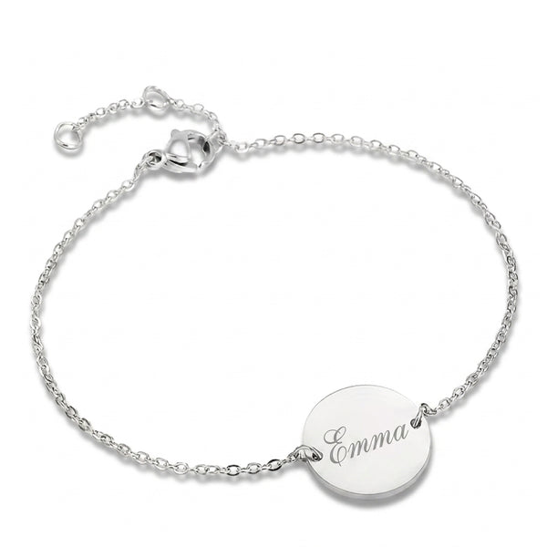 Bracelet médaillon rond gravé Emma en acier inoxydable argenté