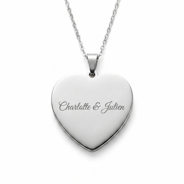 Collier cœur personnalisé gravé Charlotte & Julien en acier inoxydable argenté