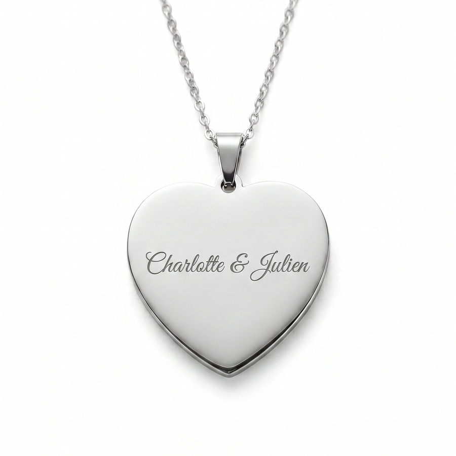 Collier Cœur Personnalisé à Graver — Pendentif Acier Inoxydable Argenté 34 mm
