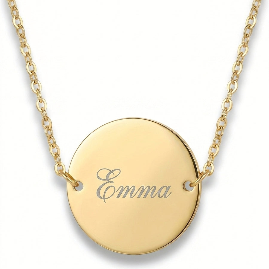 Collier médaillon rond gravé Emma en acier inoxydable doré