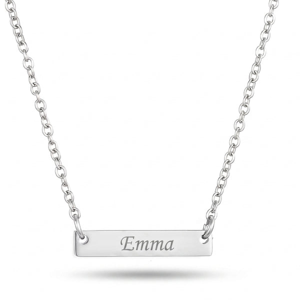 Collier barre horizontale gravé Emma en acier inoxydable argenté
