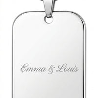 Collier plaque rectangulaire gravé Emma & Louis en acier inoxydable argenté