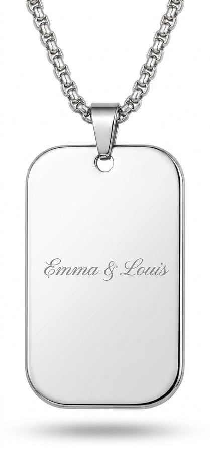 Collier plaque rectangulaire gravé Emma & Louis en acier inoxydable argenté