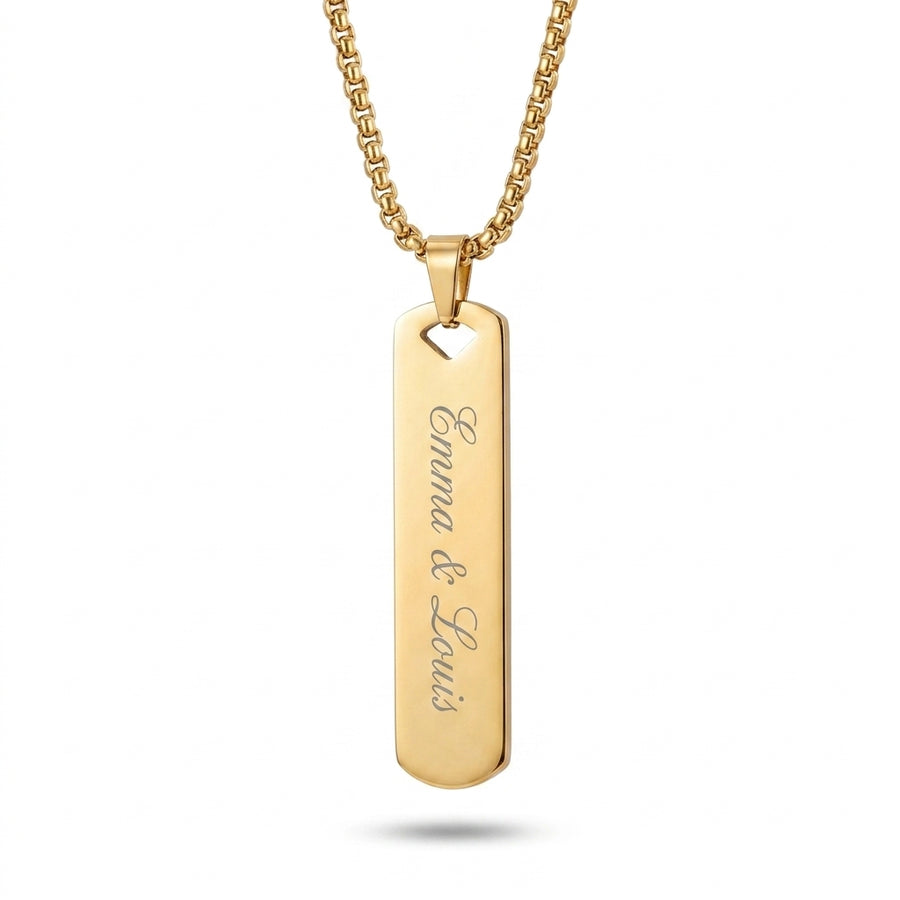 Collier barre verticale gravé Emma & Louis en acier inoxydable doré