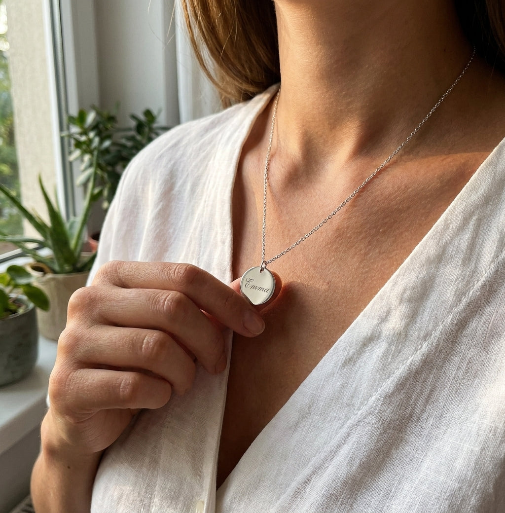 Bijou gravé personnalisé porté par une cliente